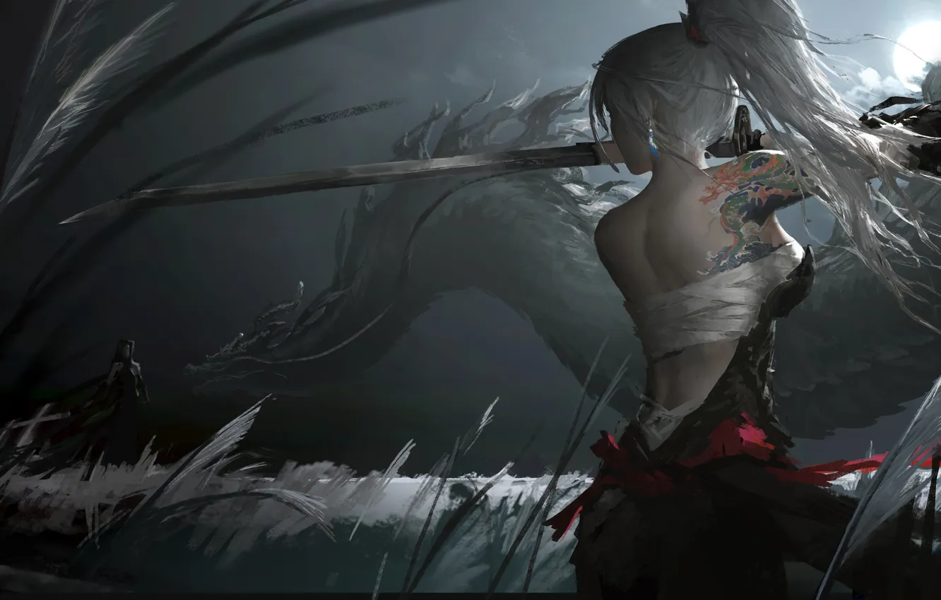 Фото обои dark, girl, sword, fantasy, night, ponytail, fight, tattoo
