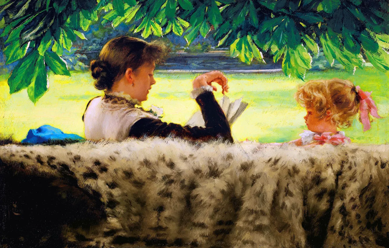 Фото обои Книга, Сказка, Картина, Девочка, Двое, Женщина, Джеймс Тиссо, Jacques Joseph Tissot