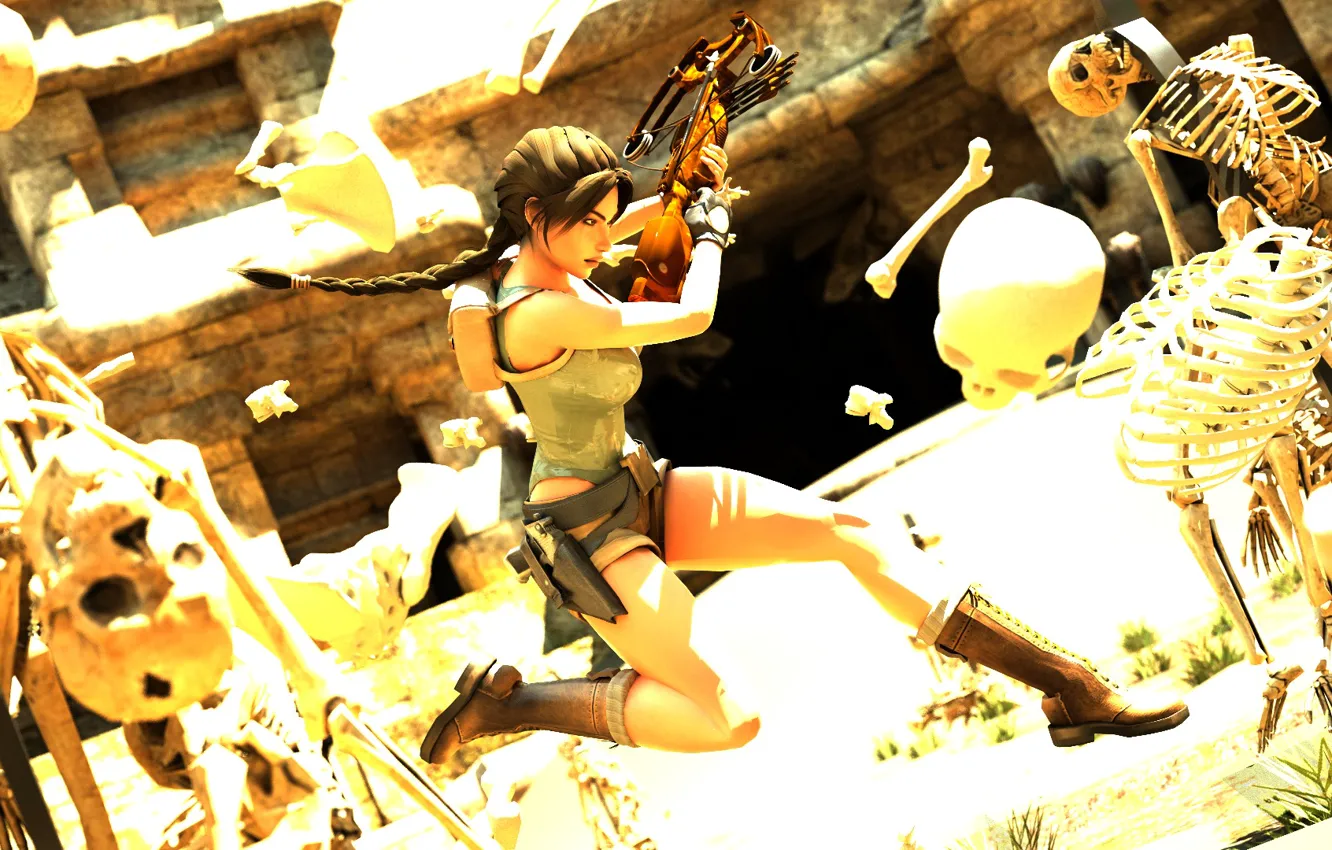 Фото обои Tomb Raider, Lara Croft, арбалет, crossbow, Skeleton