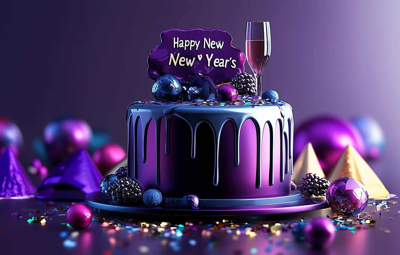 Фото обои шары, бокал, конфеты, торт, Новый год, глазурь, digital art, Happy new year