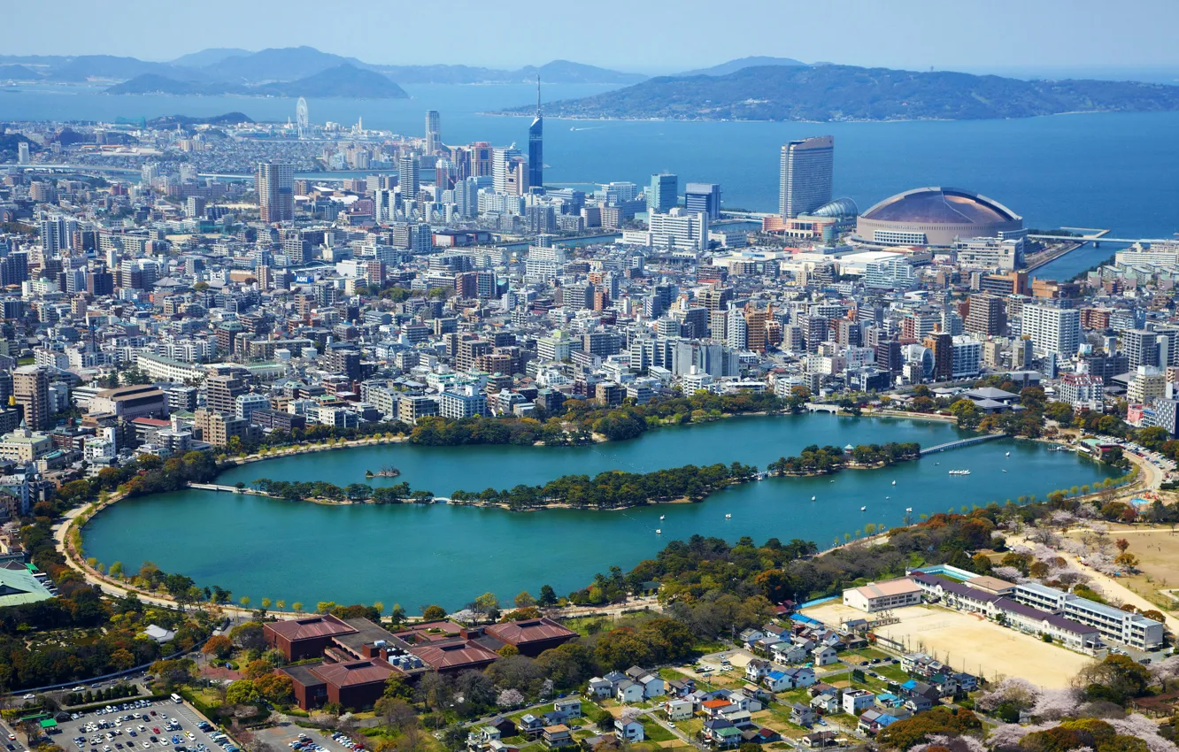 Фото обои море, озеро, побережье, дома, Япония, панорама, мегаполис, вид сверху