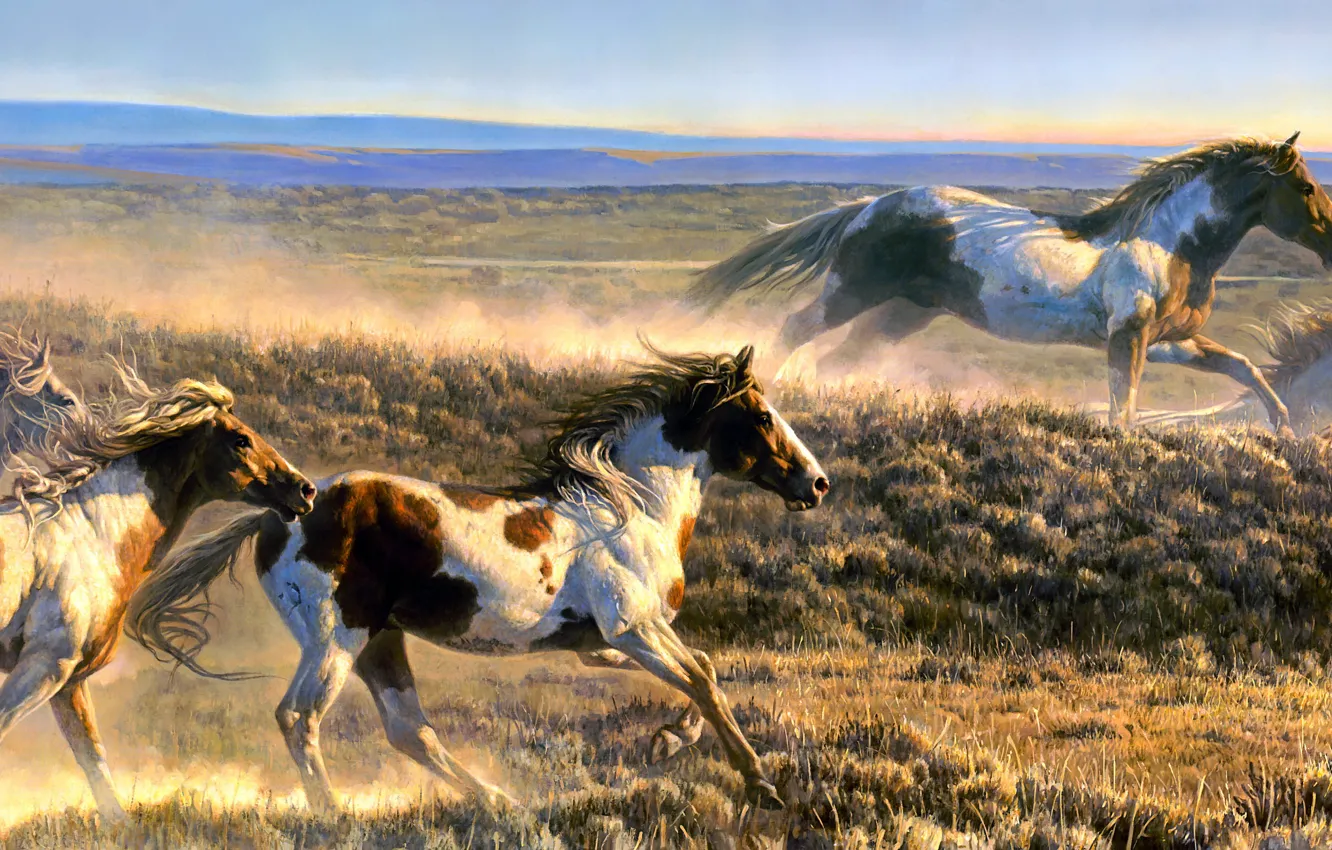 Фото обои поле, рисунок, кони, картина, лошади, арт, бег, живопись