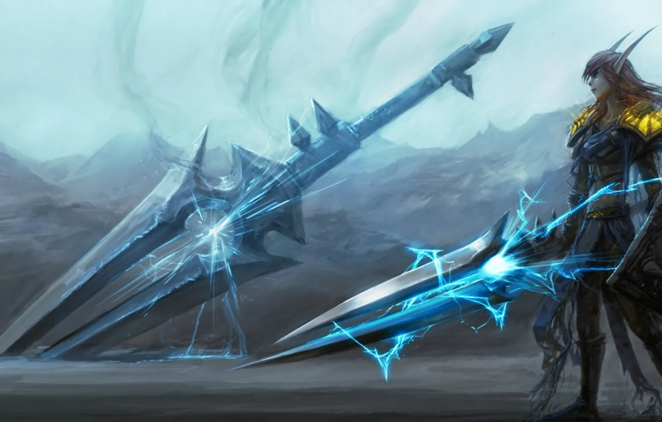 Фото обои энергия, меч, доспехи, WoW, World of Warcraft, эльфийка