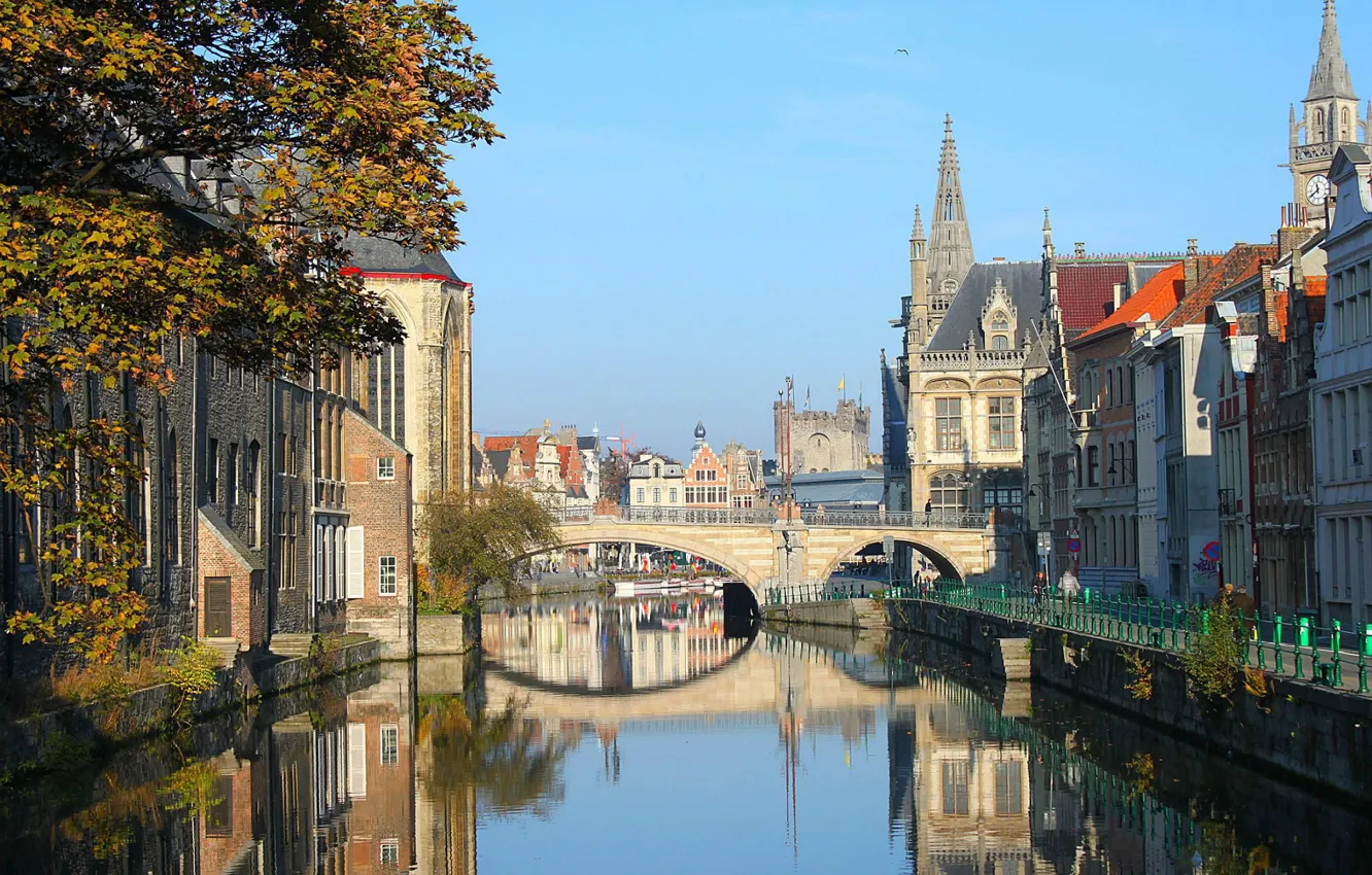 Фото обои мост, канал, Belgium, старый город, Gent