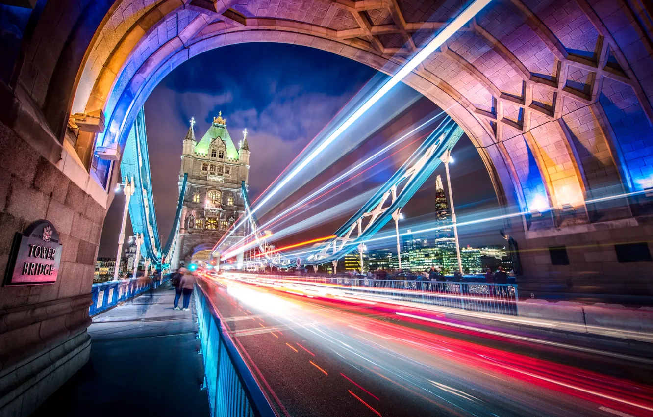 Фото обои свет, мост, город, Англия, Лондон, выдержка, Великoбритaния
