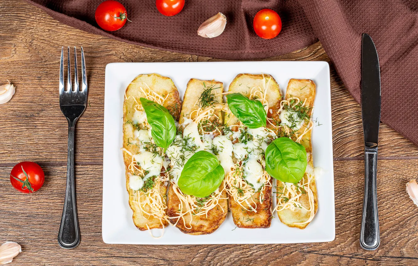 Фото обои нож, овощи, помидоры, блюдо, кабачки