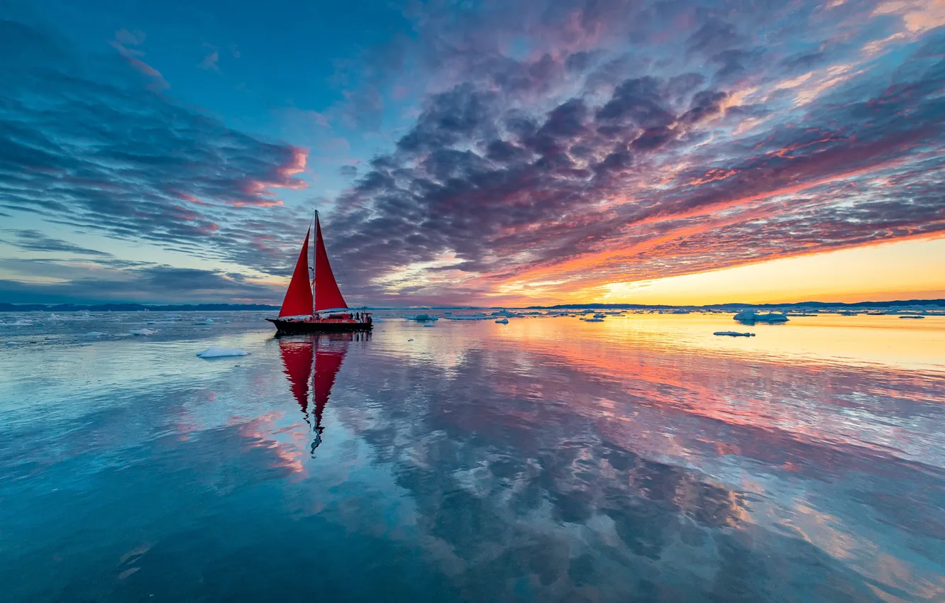 Фото обои облака, краски, лодка, корабль, парусник, яхта, льды