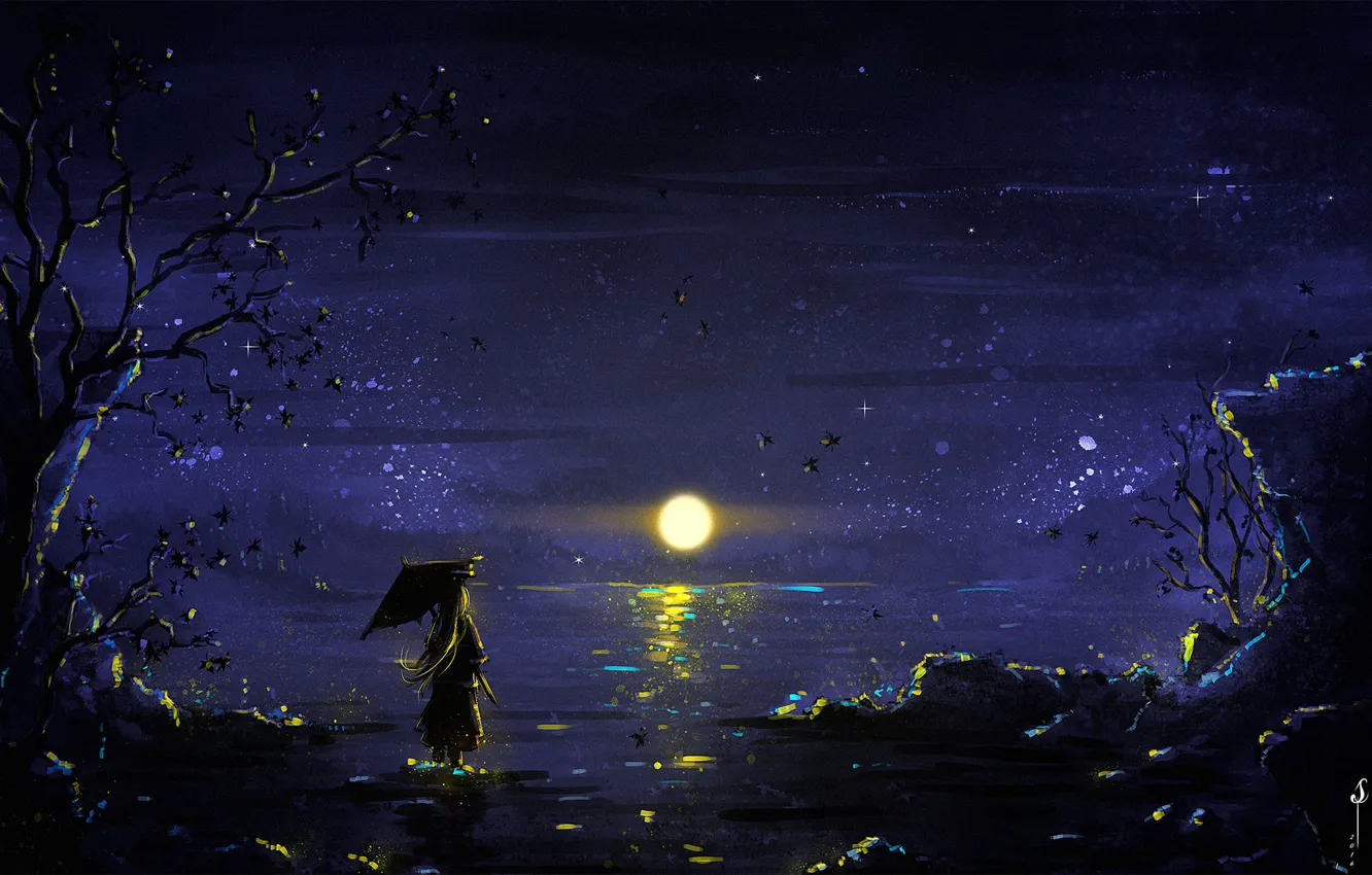 Фото обои girl, Moon, sky, trees, umbrella, night, art, lake