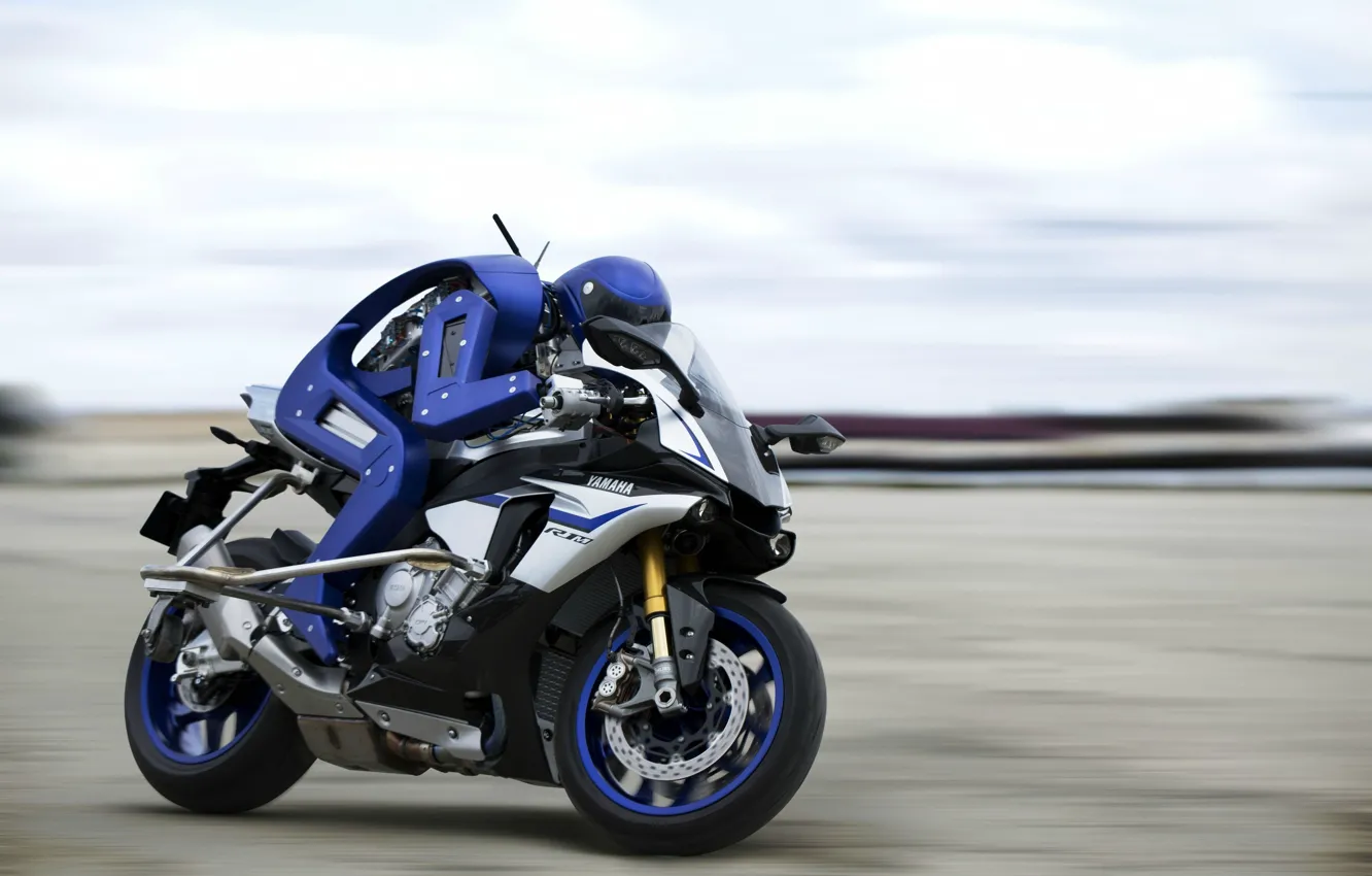Фото обои wallpaper, robot, Yamaha, blue, motorcycle, race, speed, test