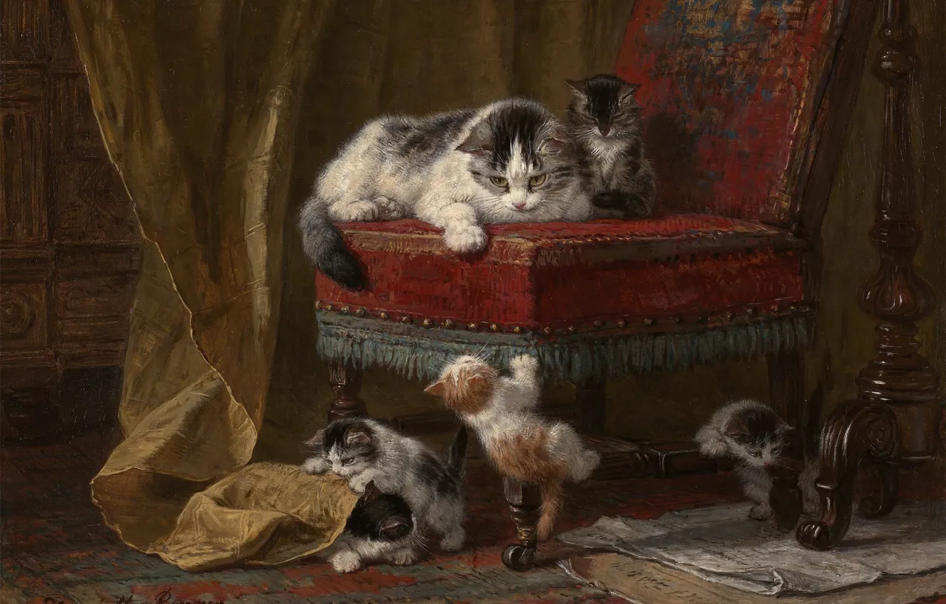 Фото обои кошка, краски, картина, кресло, котята, малыши, играют, kitten