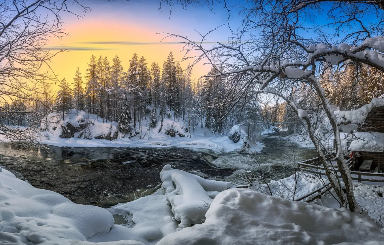 Фото обои зима, снег, река, рассвет, утро