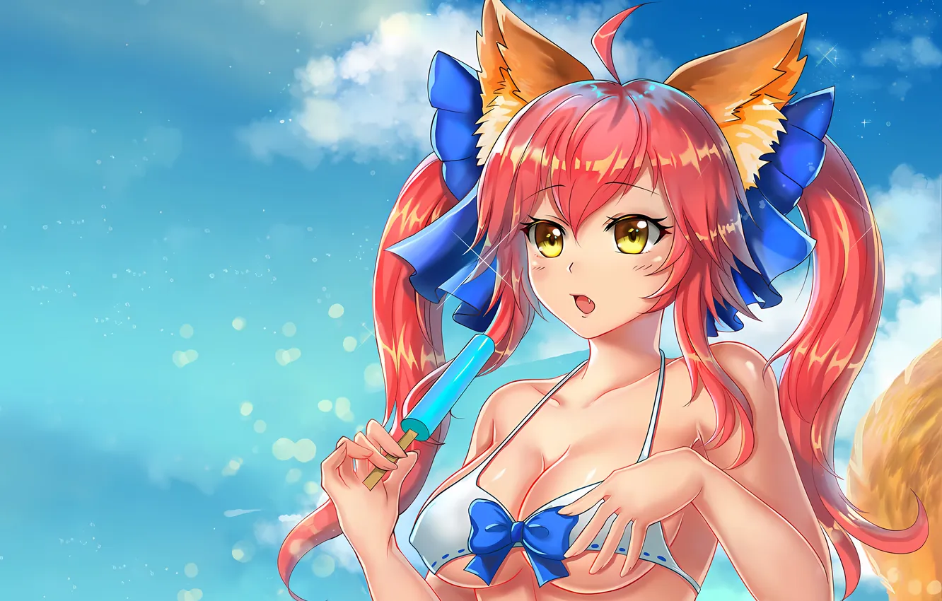 Фото обои girl, sexy, cleavage, red hair, long hair, boobs, animal ears, anime