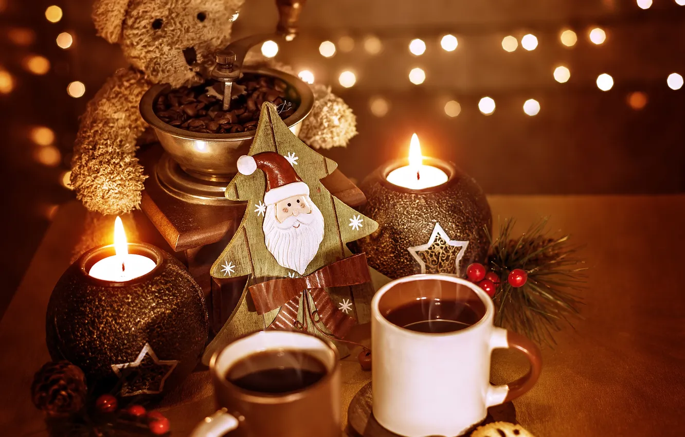 Фото обои шарики, украшения, праздник, Новый Год, Рождество, Christmas, New Year, coffee