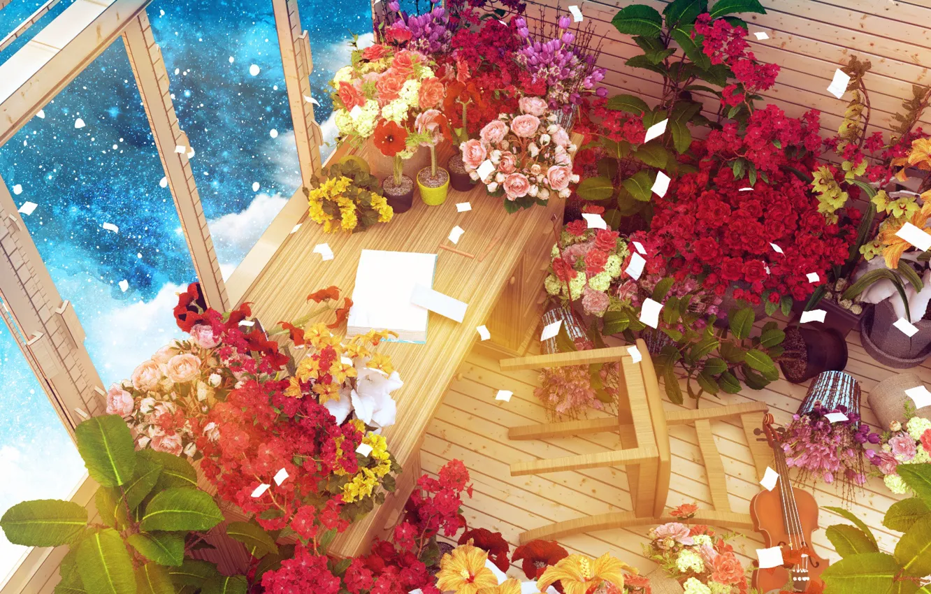Фото обои космос, цветы, комната, скрипка, стул, by K&P