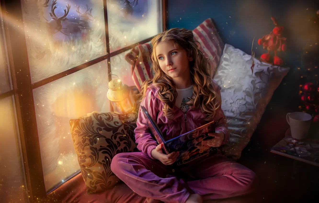 Фото обои волшебство, сказка, подушки, окно, мороз, девочка, книга