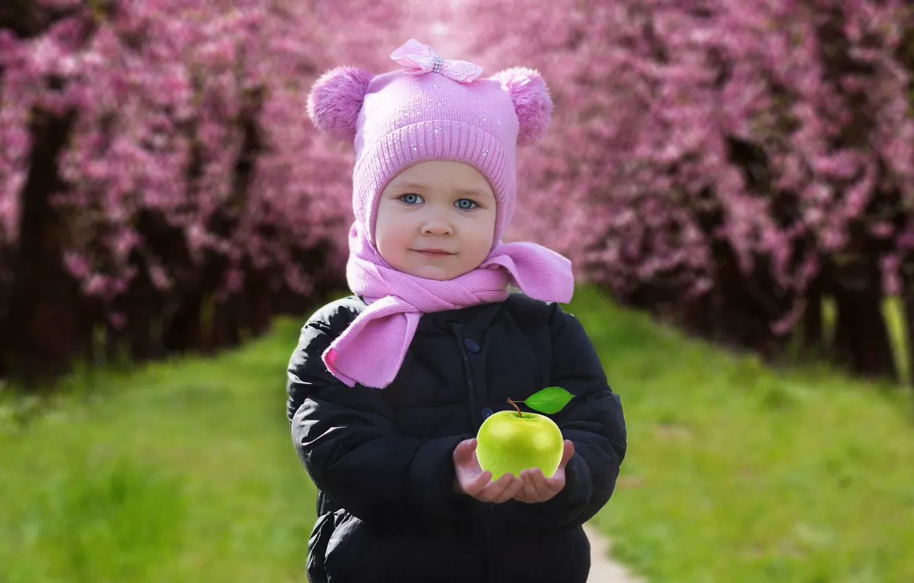 Фото обои фон, яблоко, ребенок, весна, девочка