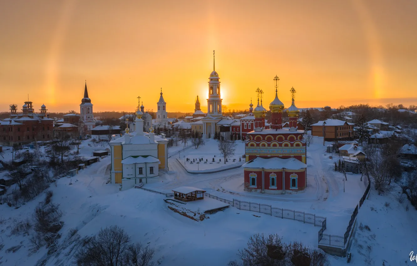 Фото обои зима, снег, пейзаж, закат, город, вечер, храм, монастырь