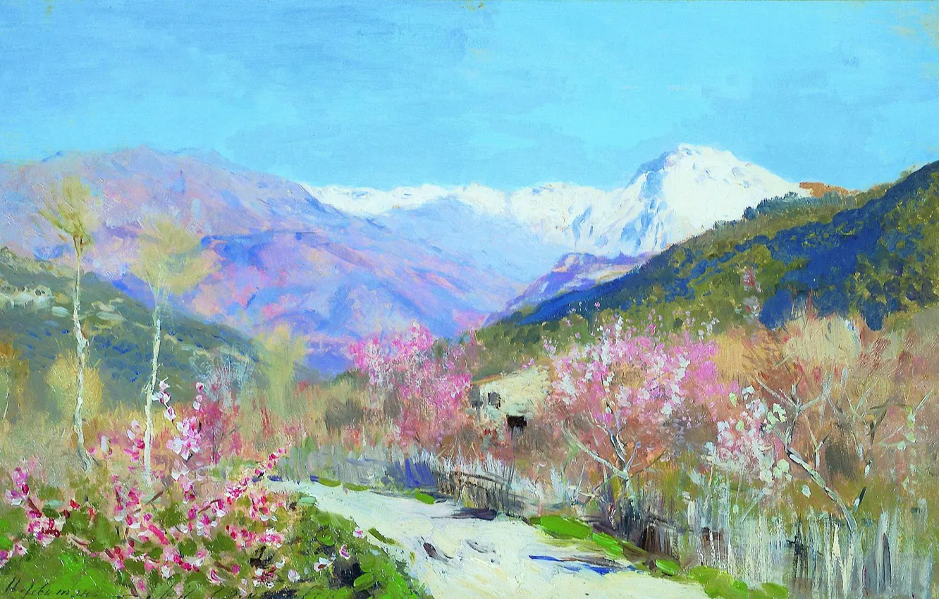 Фото обои цветы, горы, масло, тропа, Холст, цвететение, Исаак ЛЕВИТАН, Весна в Италии