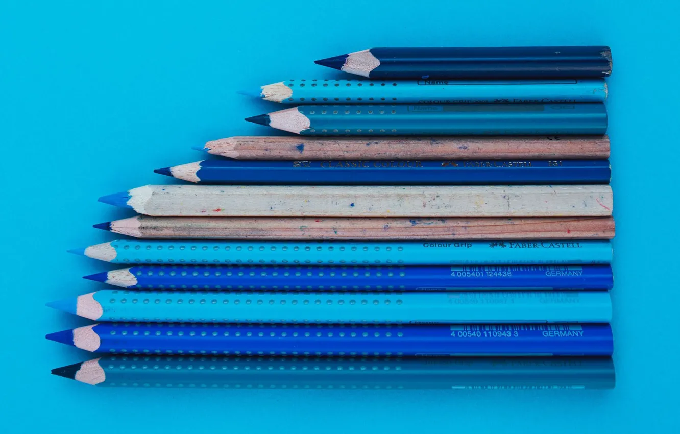Фото обои поверхность, синий, карандаши, оттенки синего, голубая