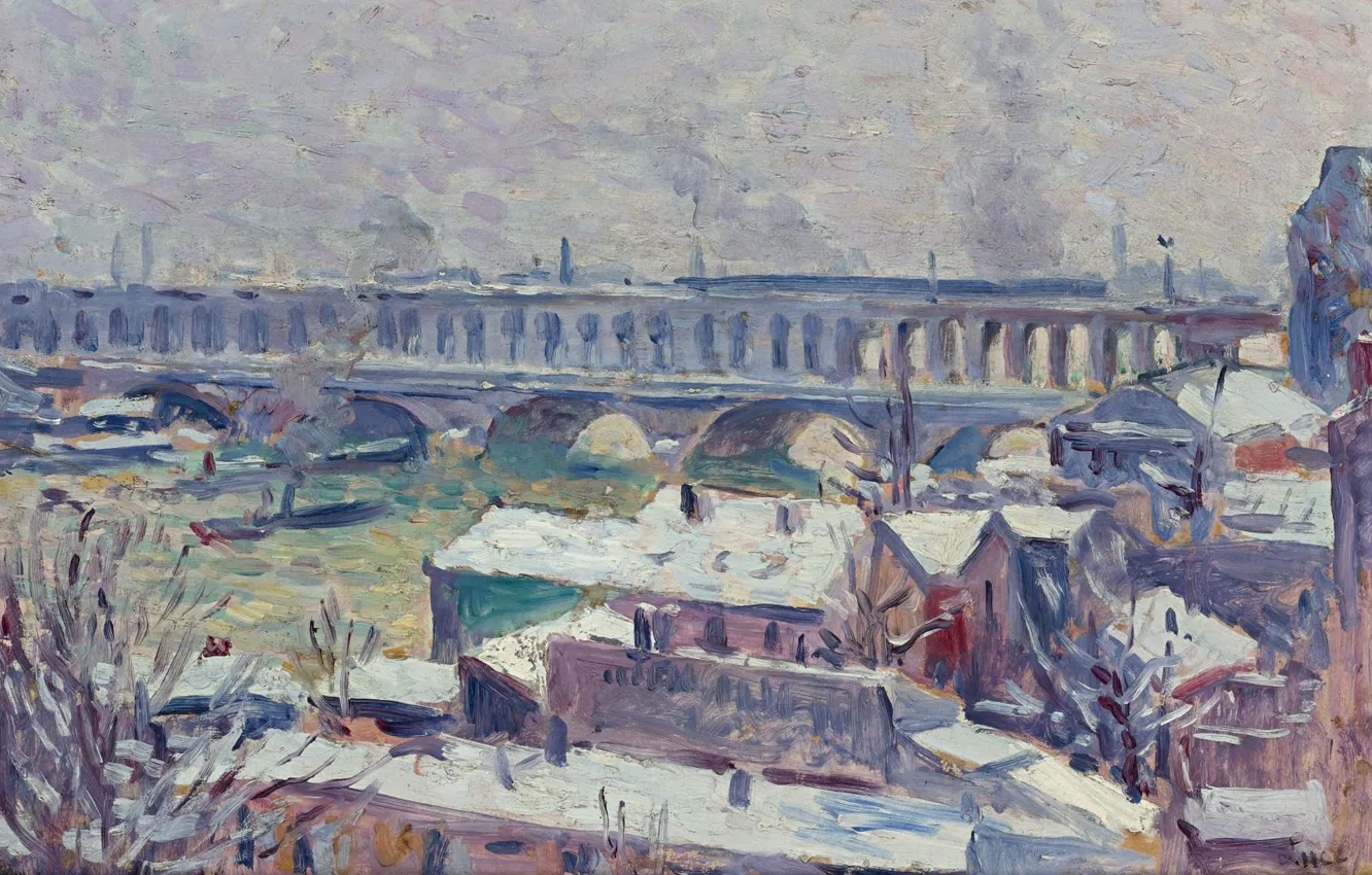 Фото обои пейзаж, мост, дома, картина, Сена, Максимильен Люс, Maximilien Luce