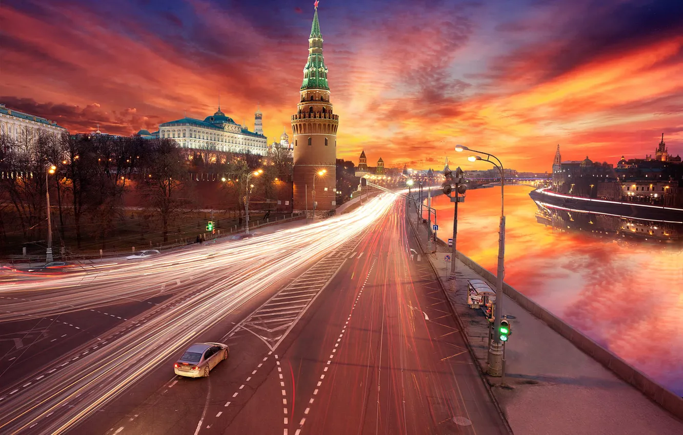 Фото обои закат, обработка, Москва, кремль