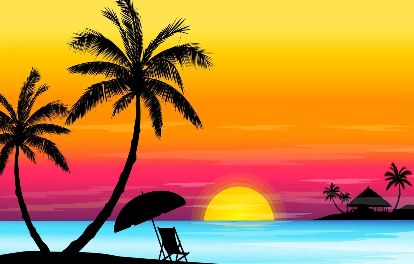 Фото обои море, небо, солнце, закат, пальма, зонт, горизонт, шезлонг