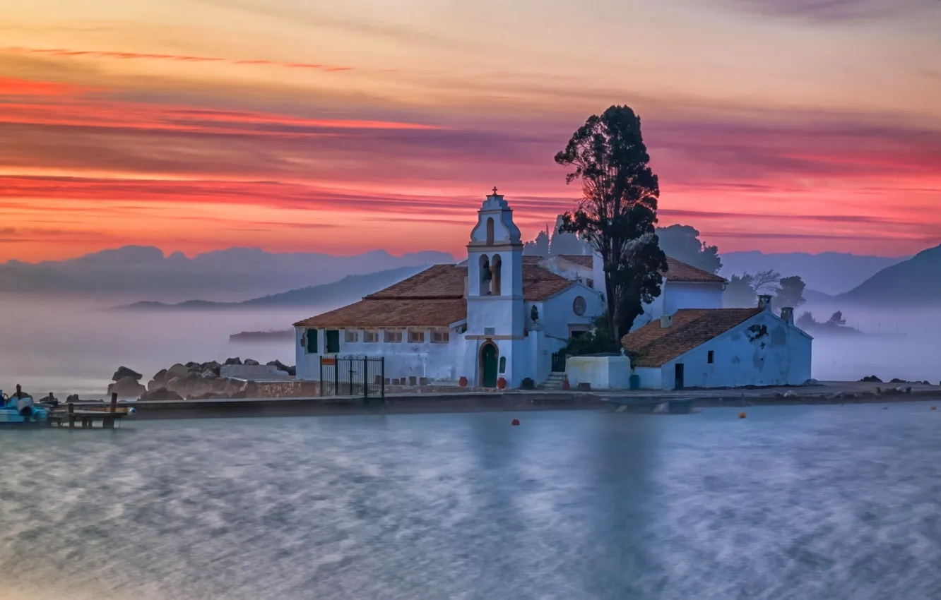 Фото обои море, горы, туман, рассвет, остров, утро, Греция, монастырь