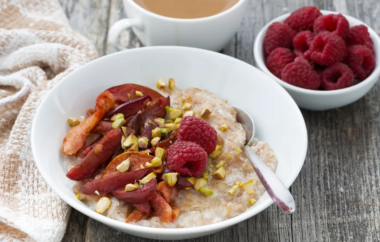 Фото обои малина, завтрак, raspberry, каша, Breakfast, сухофрукты, dried fruits, porridge