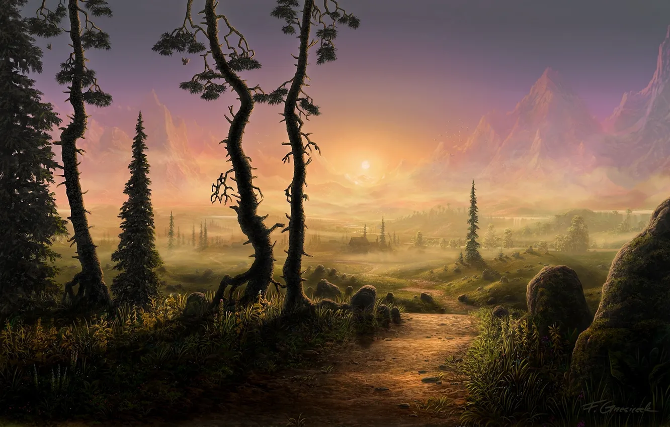 Фото обои дорога, солнце, деревья, пейзаж, горы, туман, камни, ель