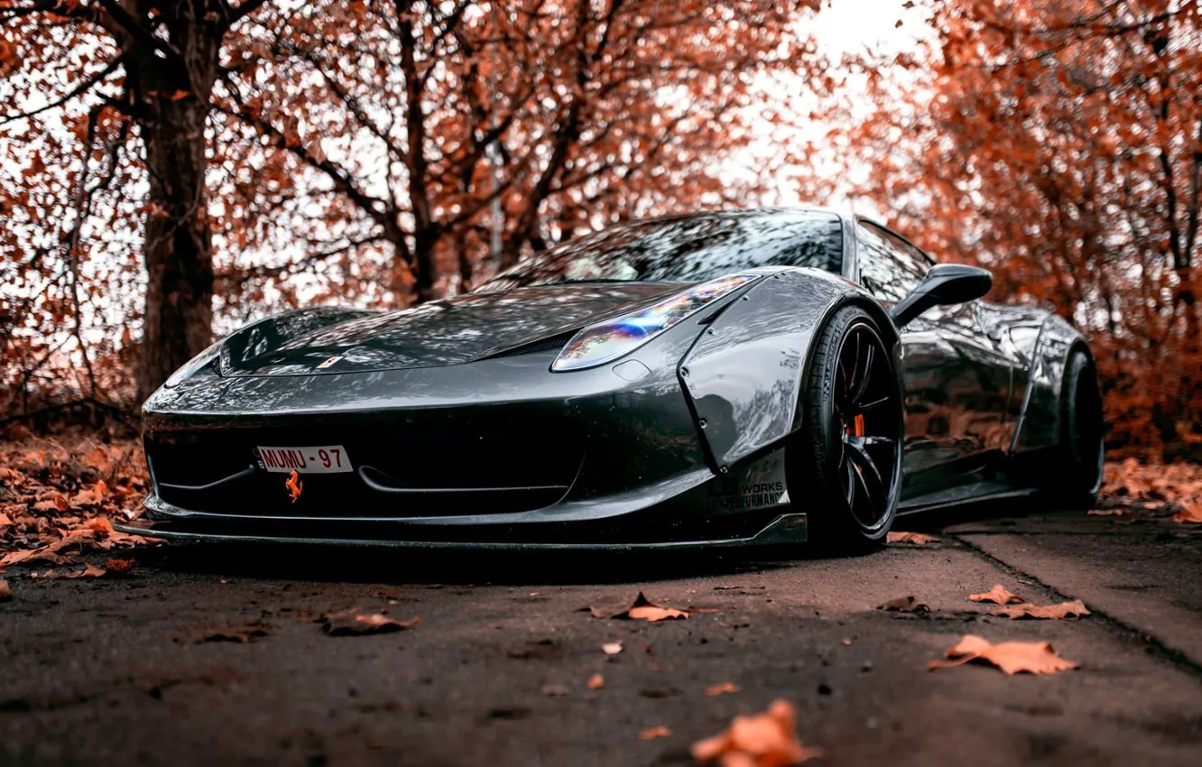 Фото обои Авто, Осень, Машина, Серая, Серый, Ferrari, Суперкар, Ferrari 458