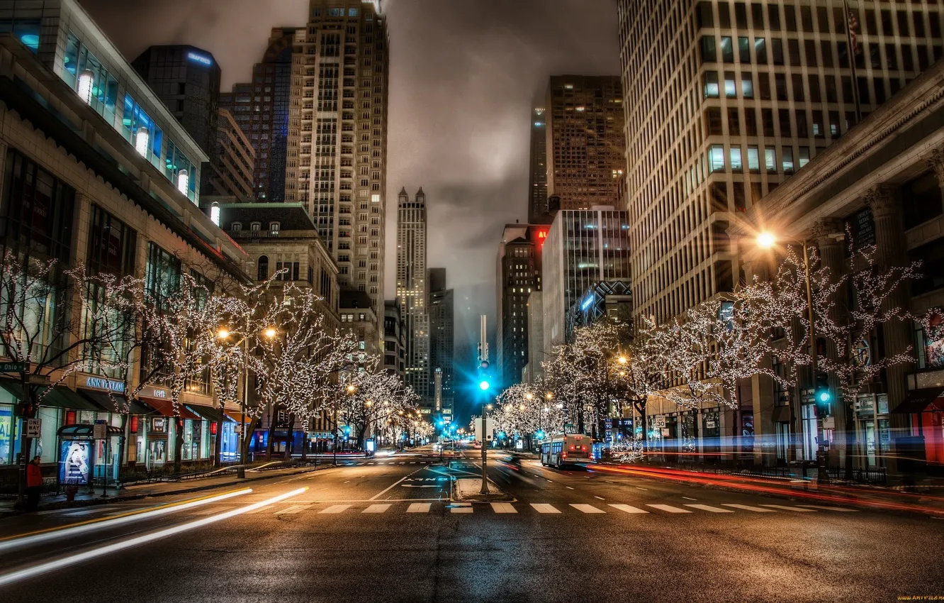 Фото обои зима, ночь, город