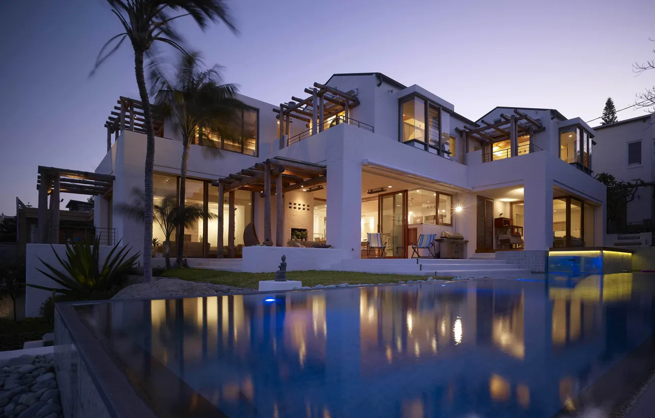 Фото обои дом, пальмы, вилла, вечер, бассейн, кресла, house, pool