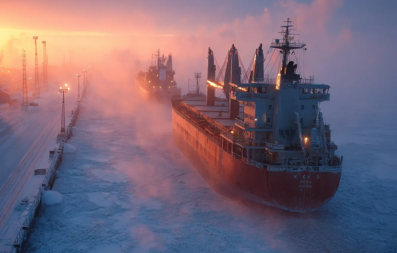 Фото обои море, туман, рассвет, корабль, корабли, утро, дымка, судно