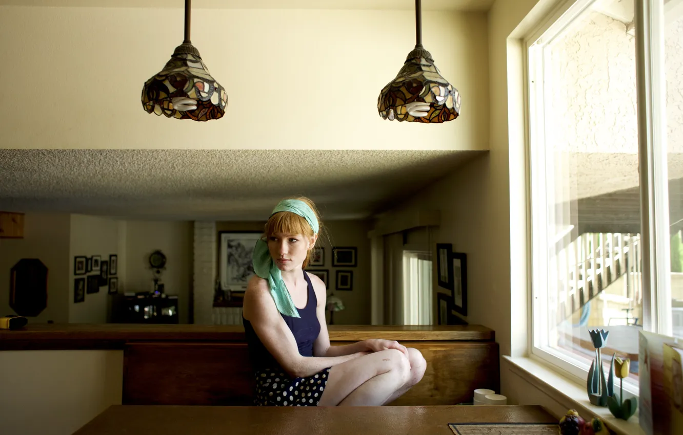 Фото обои girl, woman, model, window, redhead, bench, table, lamps