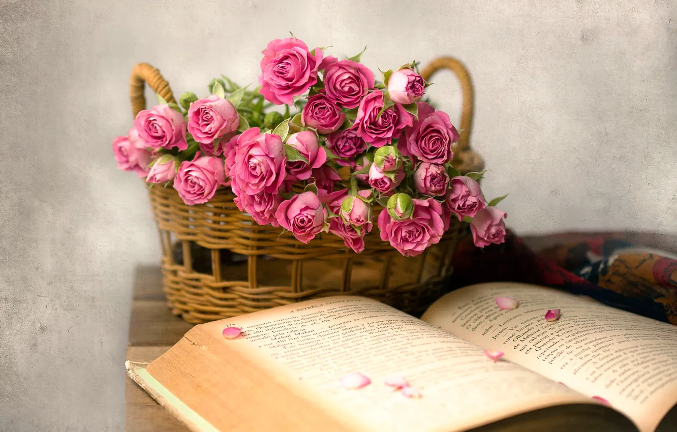 Фото обои корзина, розы, лепестки, книга