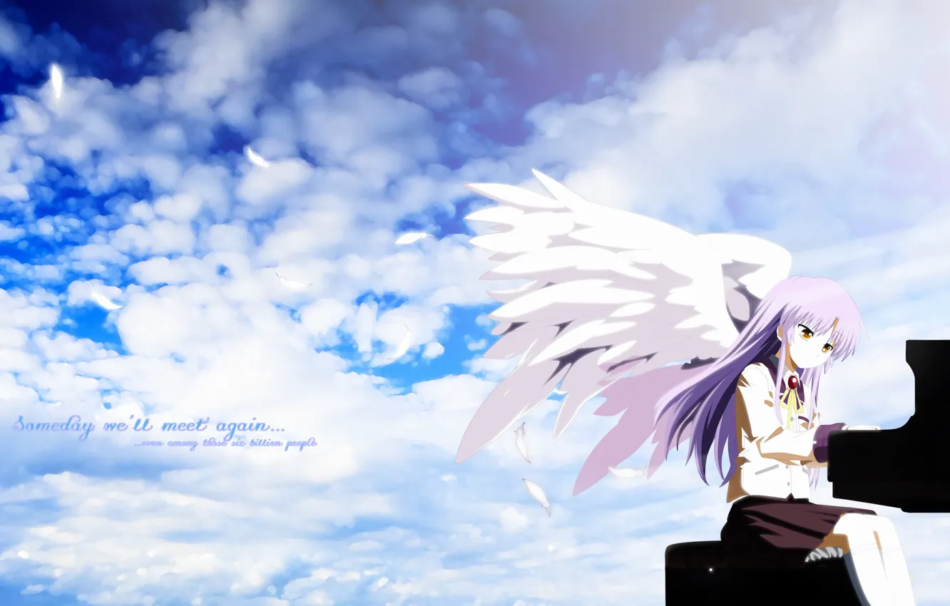 Фото обои небо, девушка, крылья, ангел, аниме, рояль, angel beats!, ангельские ритмы
