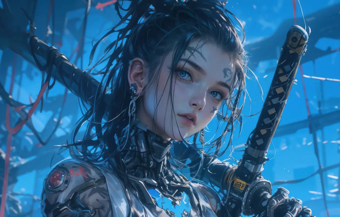 Фото обои Anime, Warrior, Katana, Sci-Fi, Cyberpunk, Anime Girl
