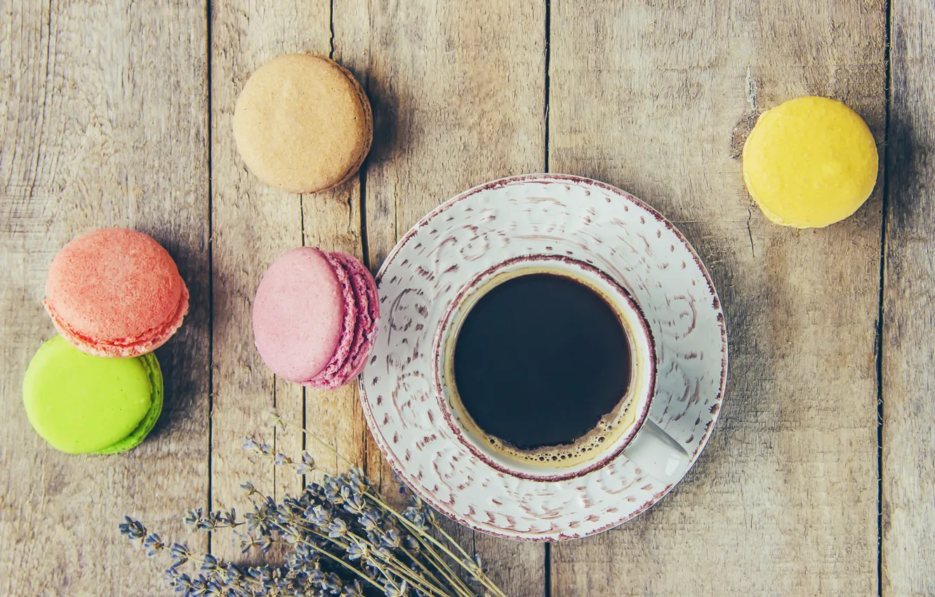 Фото обои colorful, лаванда, coffee cup, lavender, french, macaron, чашка кофе, макаруны