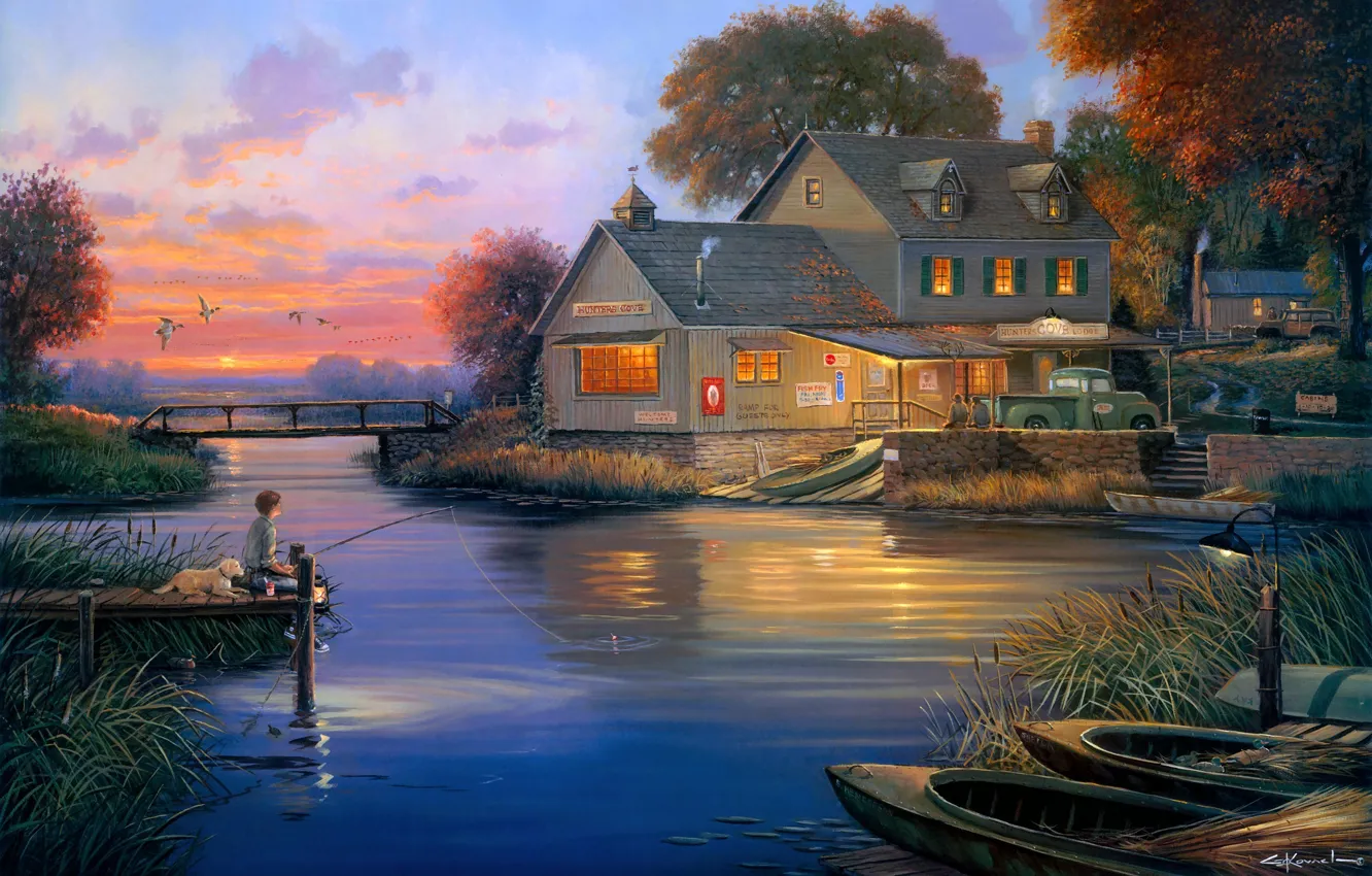 Фото обои осень, мост, дом, утки, собака, бухта, рыбак, лодки