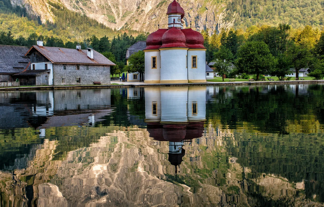 Фото обои горы, природа, озеро, отражение, Германия, храм