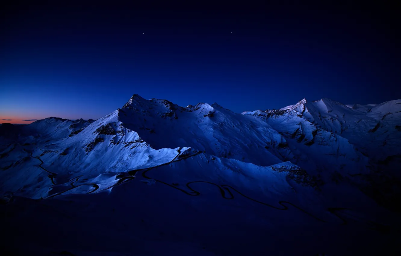 Фото обои звезды, снег, горы, ночь