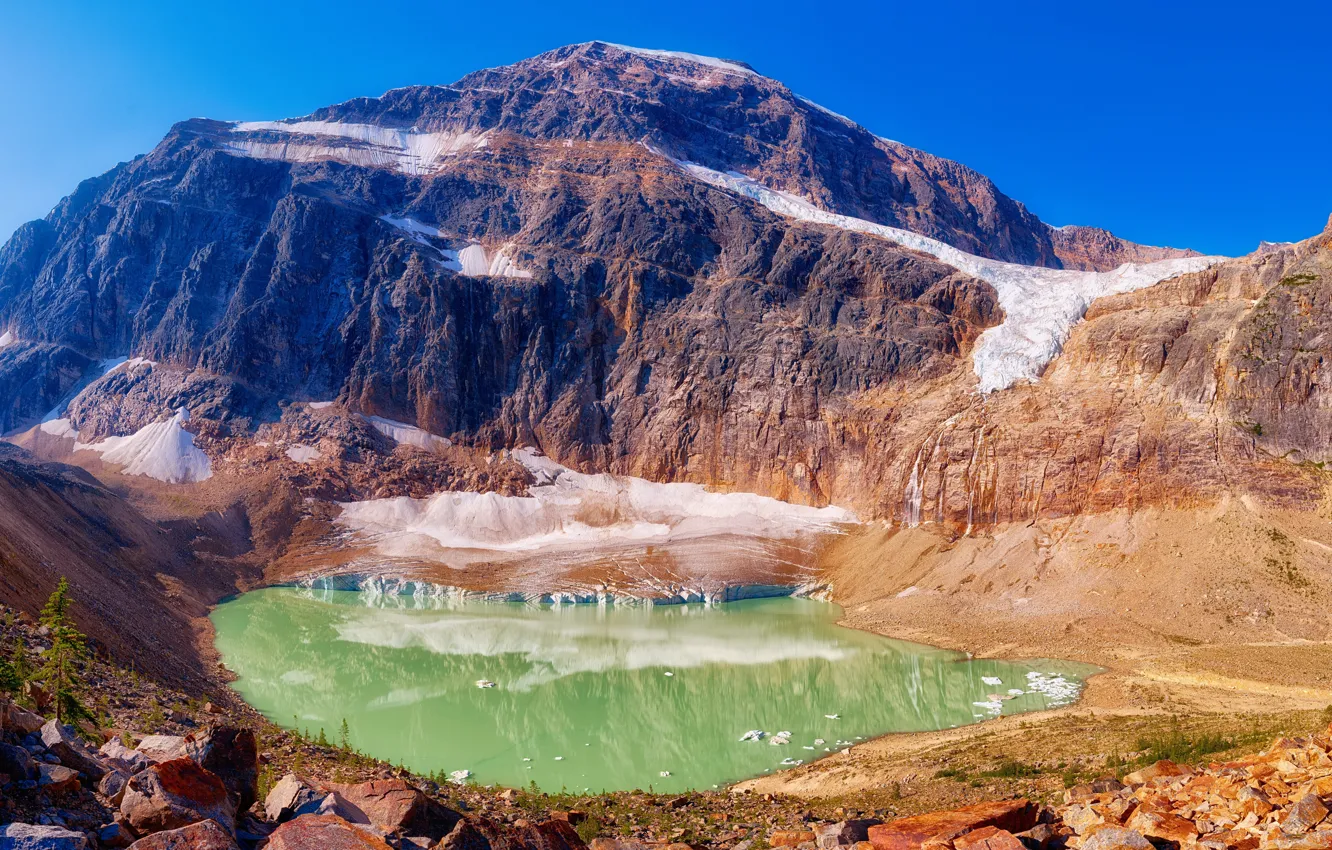 Фото обои небо, солнце, горы, озеро, камни, скалы, Канада, Jasper National Park