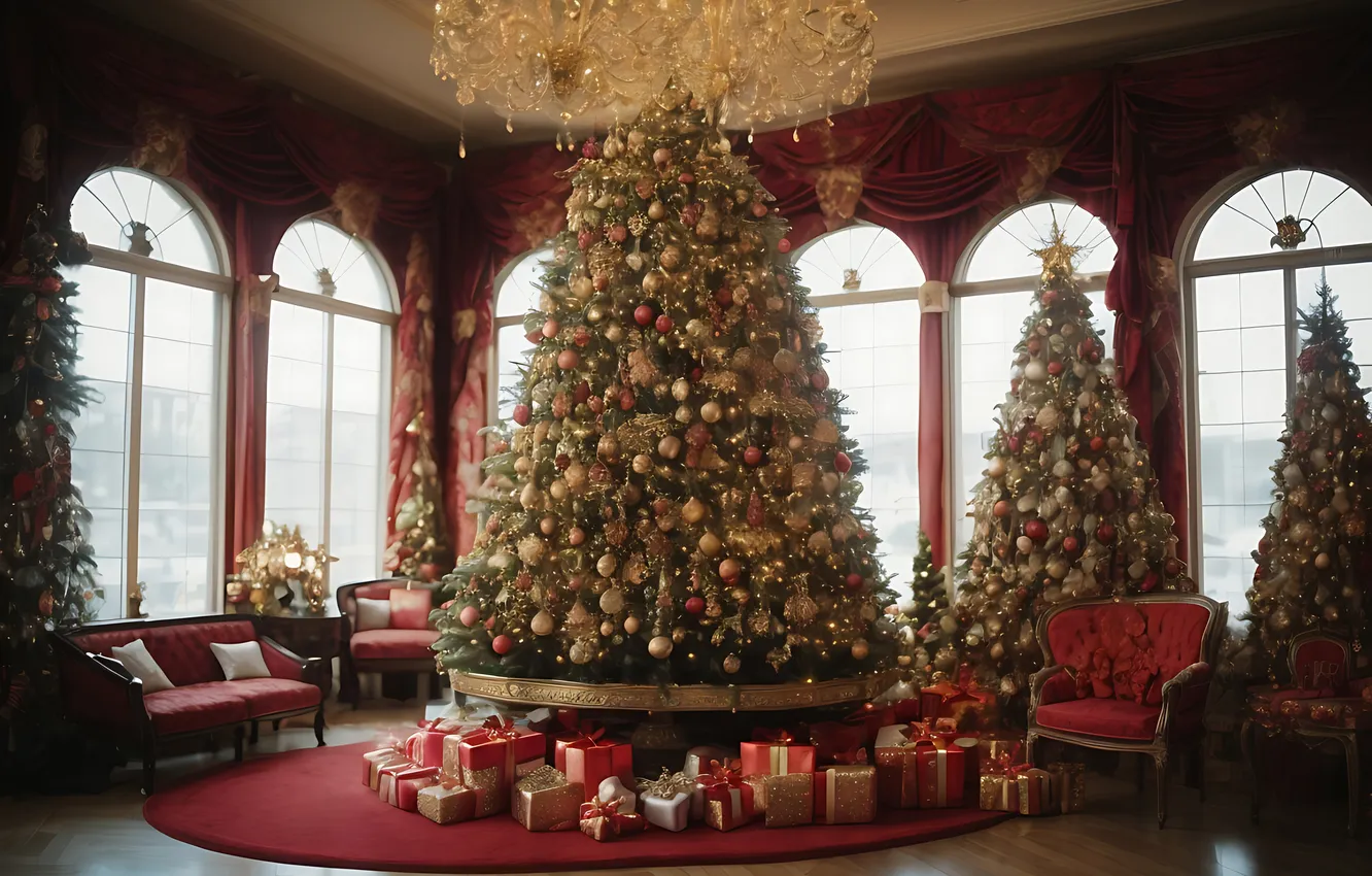 Фото обои комната, елка, интерьер, Рождество, Новый год, Christmas, view, tree