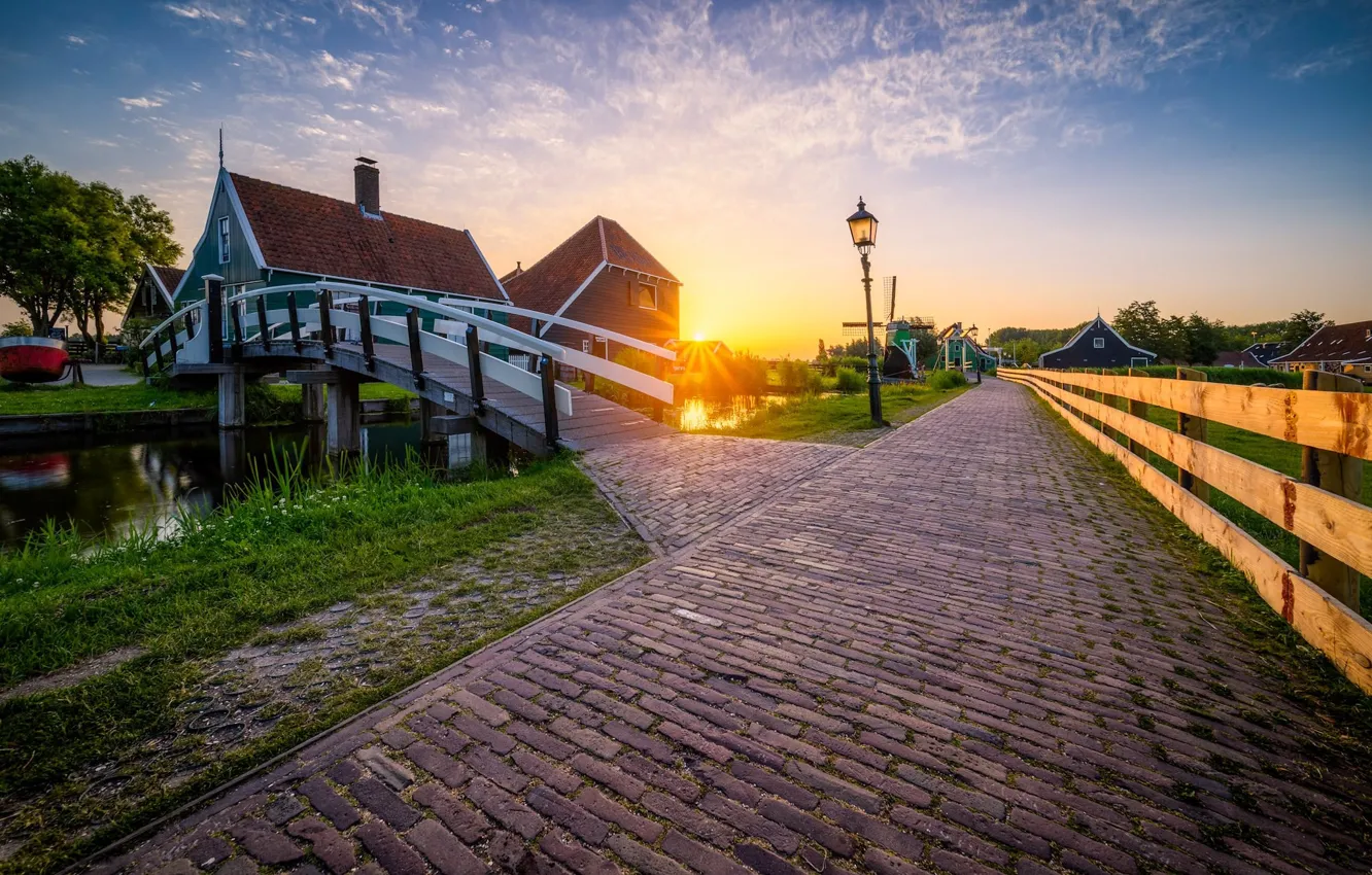 Фото обои закат, Нидерланды, Zaanse Schans