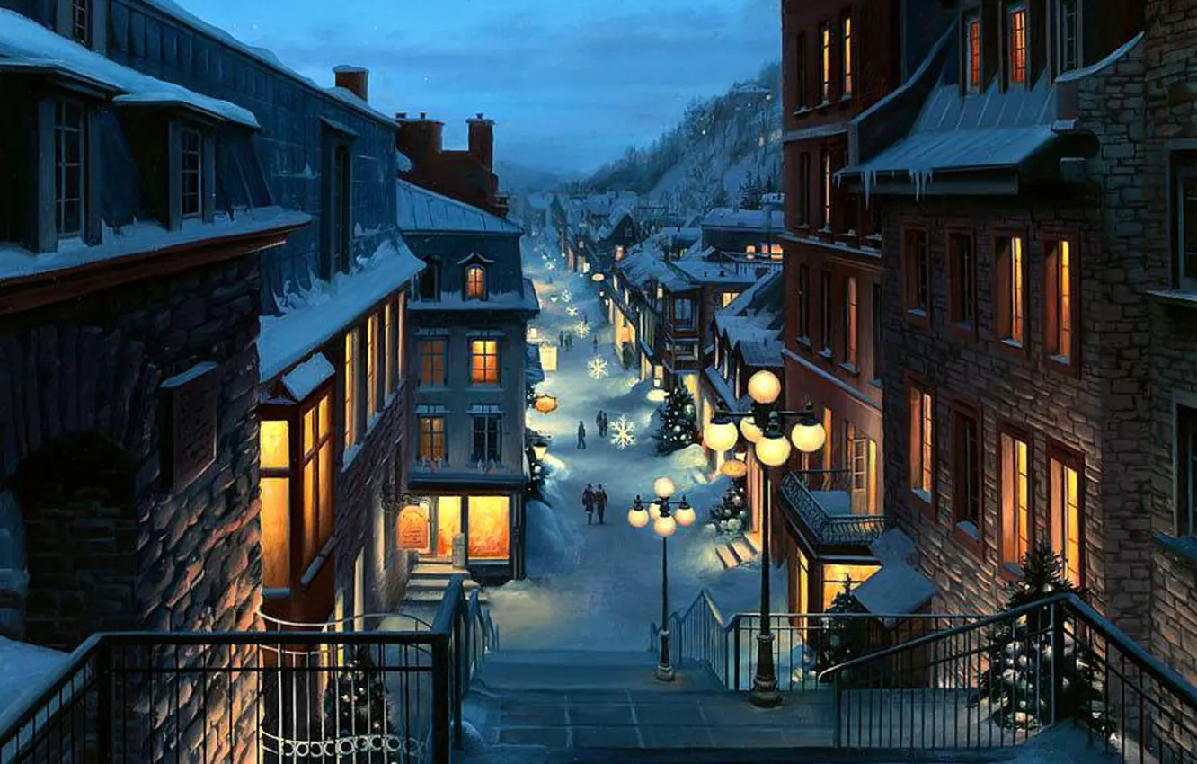 Фото обои пейзаж, снежинки, city, город, lights, огни, улица, елки