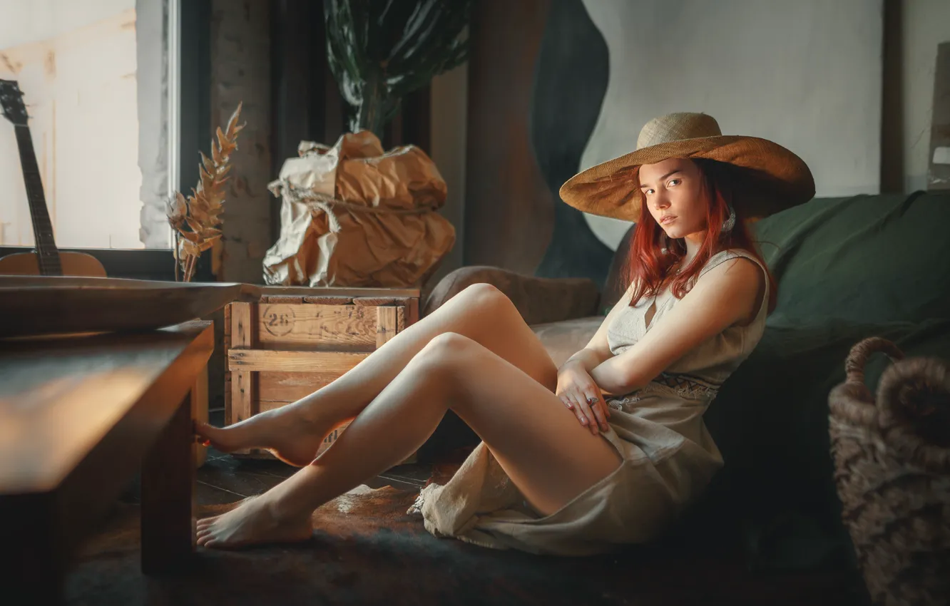 Фото обои guitar, dress, hat, barefoot, model, women, window, redhead