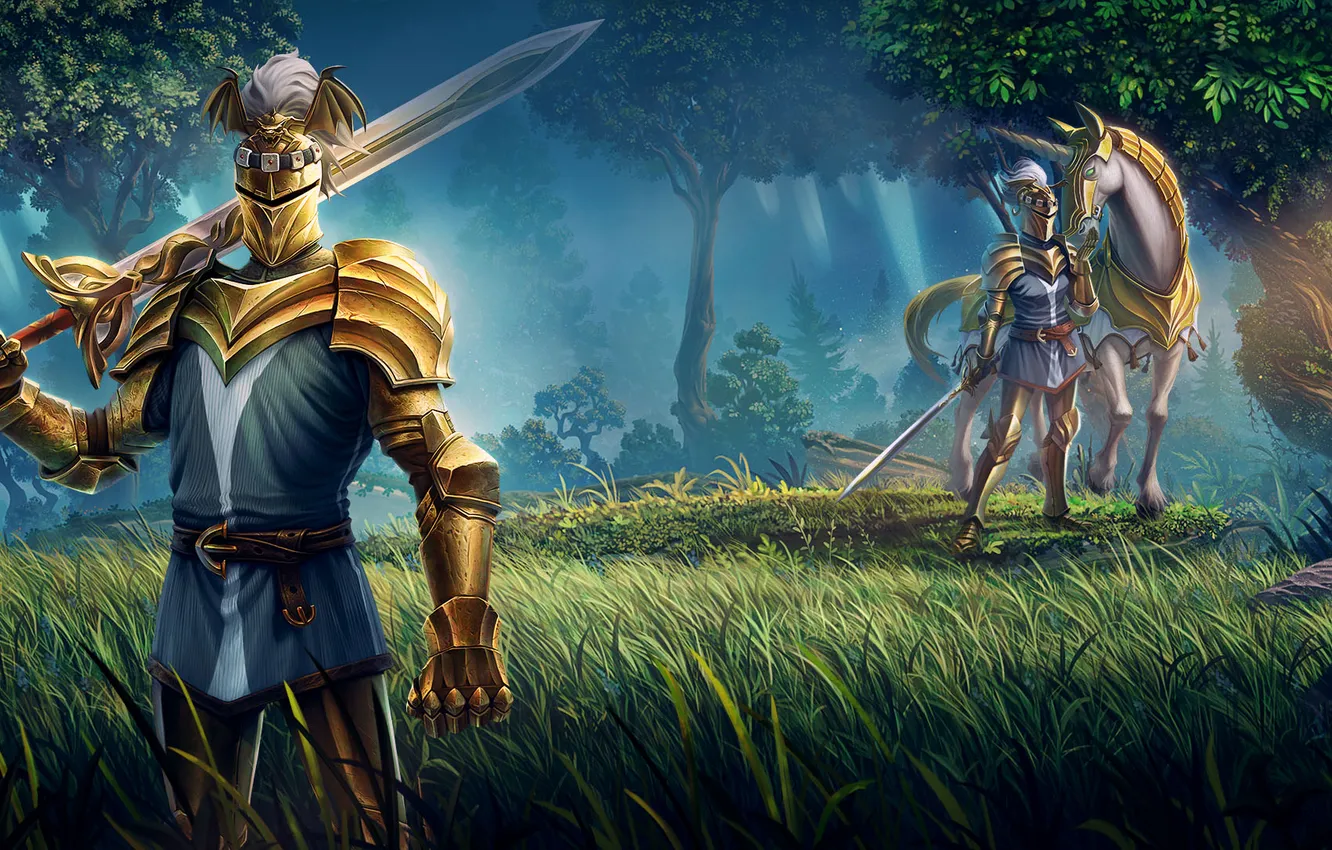 Фото обои sword, grass, armor, trees, men, unicorn, knight, gauntlets