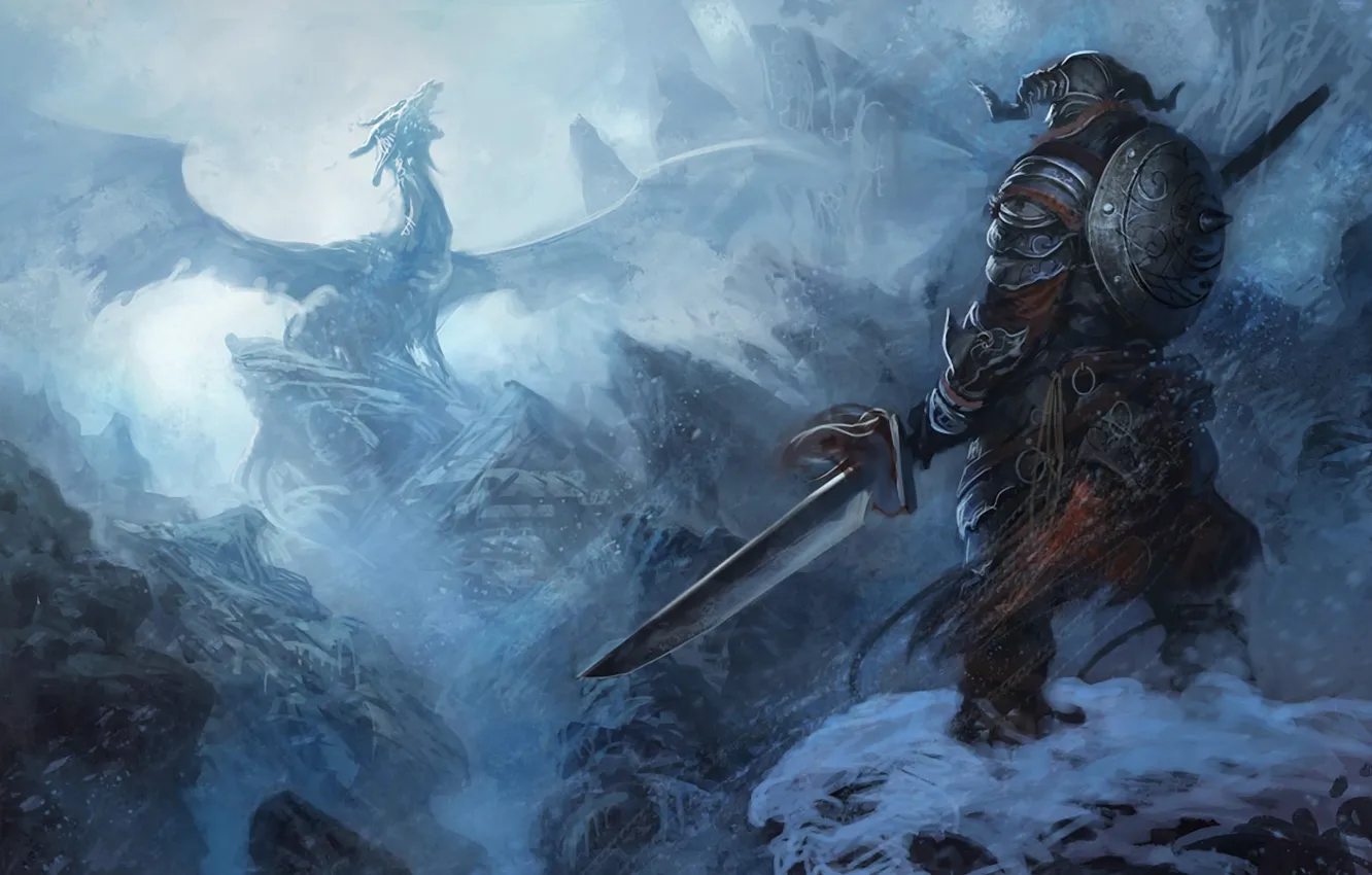 Фото обои снег, горы, дракон, доспехи, воин, Skyrim, The Elder Scrolls