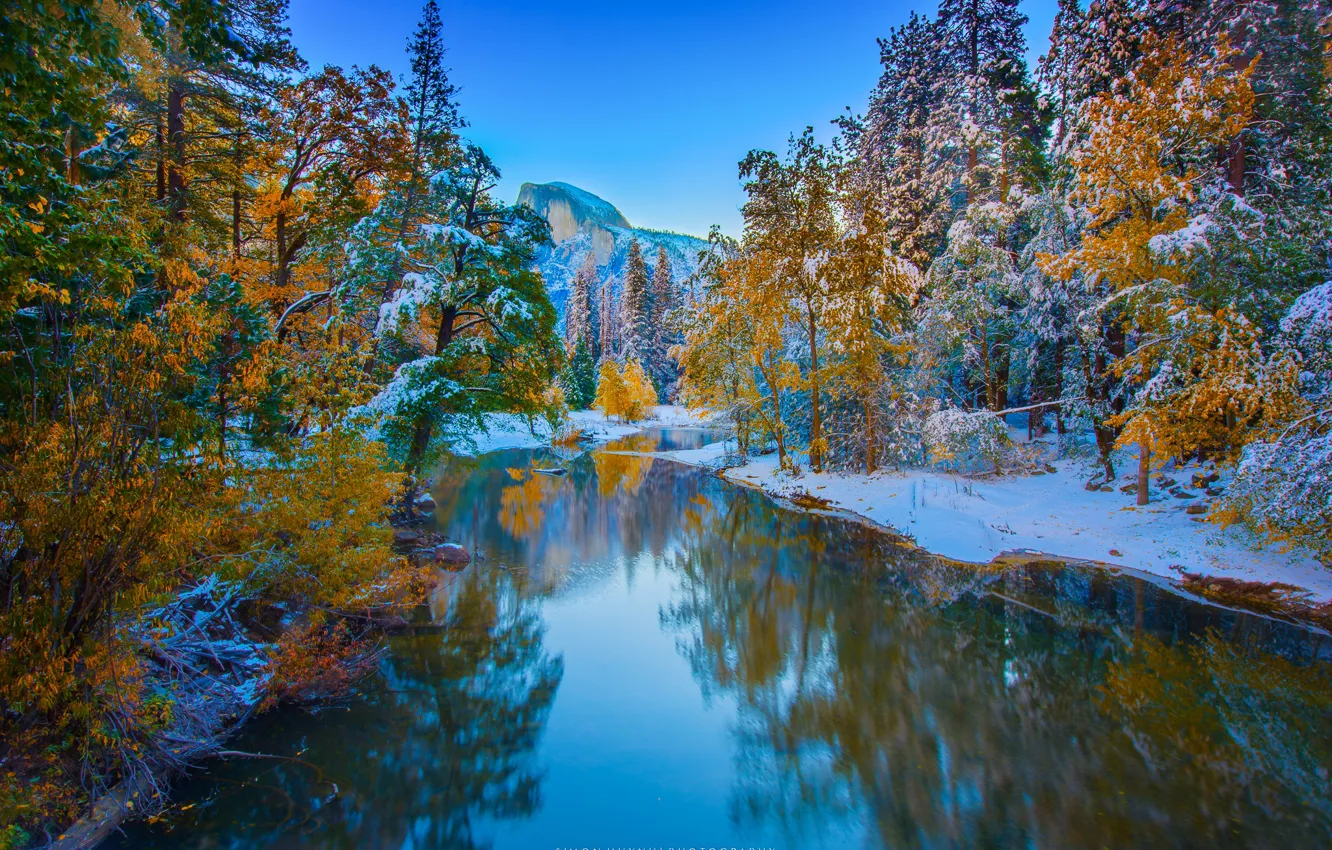 Фото обои зима, лес, снег, деревья, горы, река, скалы, Yosemite