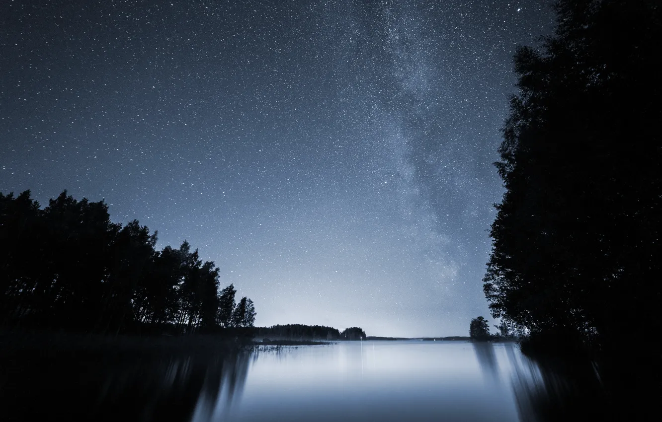 Фото обои лес, звезды, ночь, озеро, млечный путь